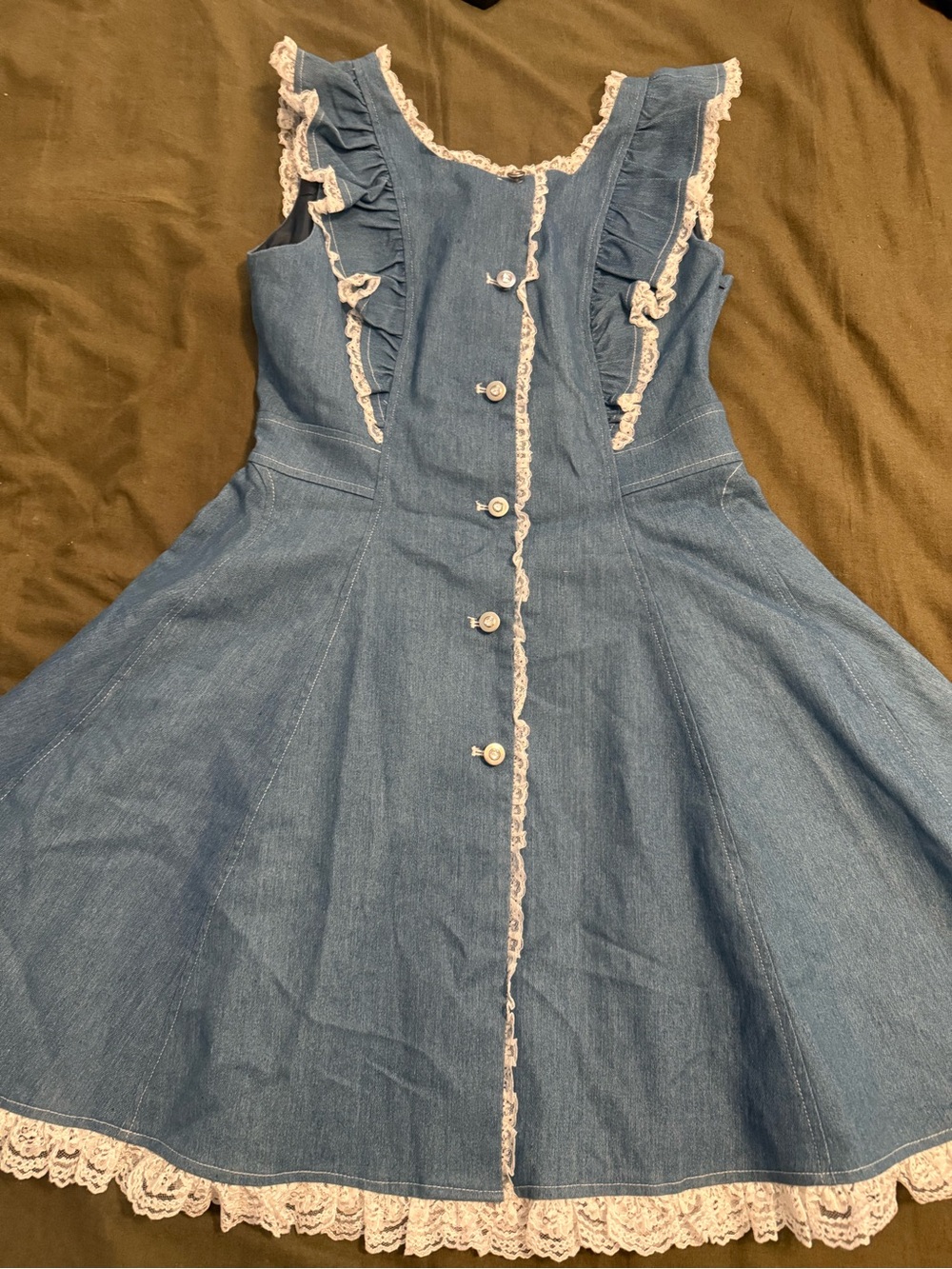 Sleeveless Blue Denim Lace-Trim Casual Dress